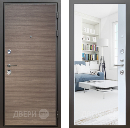 Входная металлическая Дверь Шелтер (SHELTER) Комфорт Дуб тоскано поперечный 14 с зеркалом Белый матовый в Лосино-Петровский