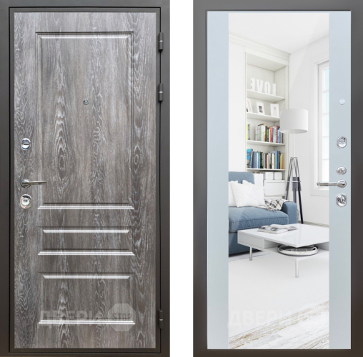 Входная металлическая Дверь Шелтер (SHELTER) Комфорт Дуб шале серебро 13 с зеркалом Белый матовый в Лосино-Петровский