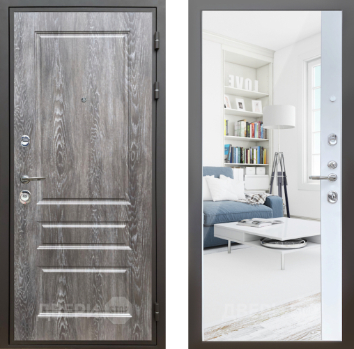 Входная металлическая Дверь Шелтер (SHELTER) Комфорт Дуб шале серебро 14 с зеркалом Белый матовый в Лосино-Петровский