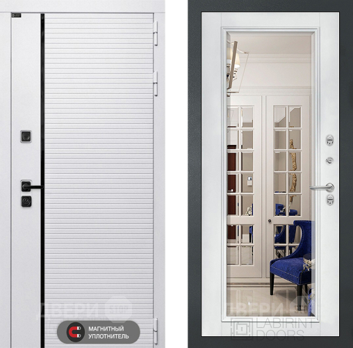 Входная металлическая Дверь Лабиринт (LABIRINT) Royal Зеркало Фацет с багетом Белый софт в Лосино-Петровский