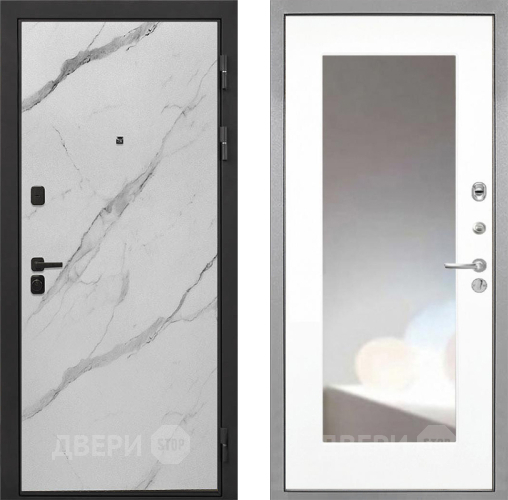 Входная металлическая Дверь Интекрон (INTECRON) Профит Black Мрамор Арктик ФЛЗ-120-М Зеркало Белый матовый в Лосино-Петровский